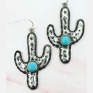 Turquoise Silvertone Scottsdale Cactus Earrings.